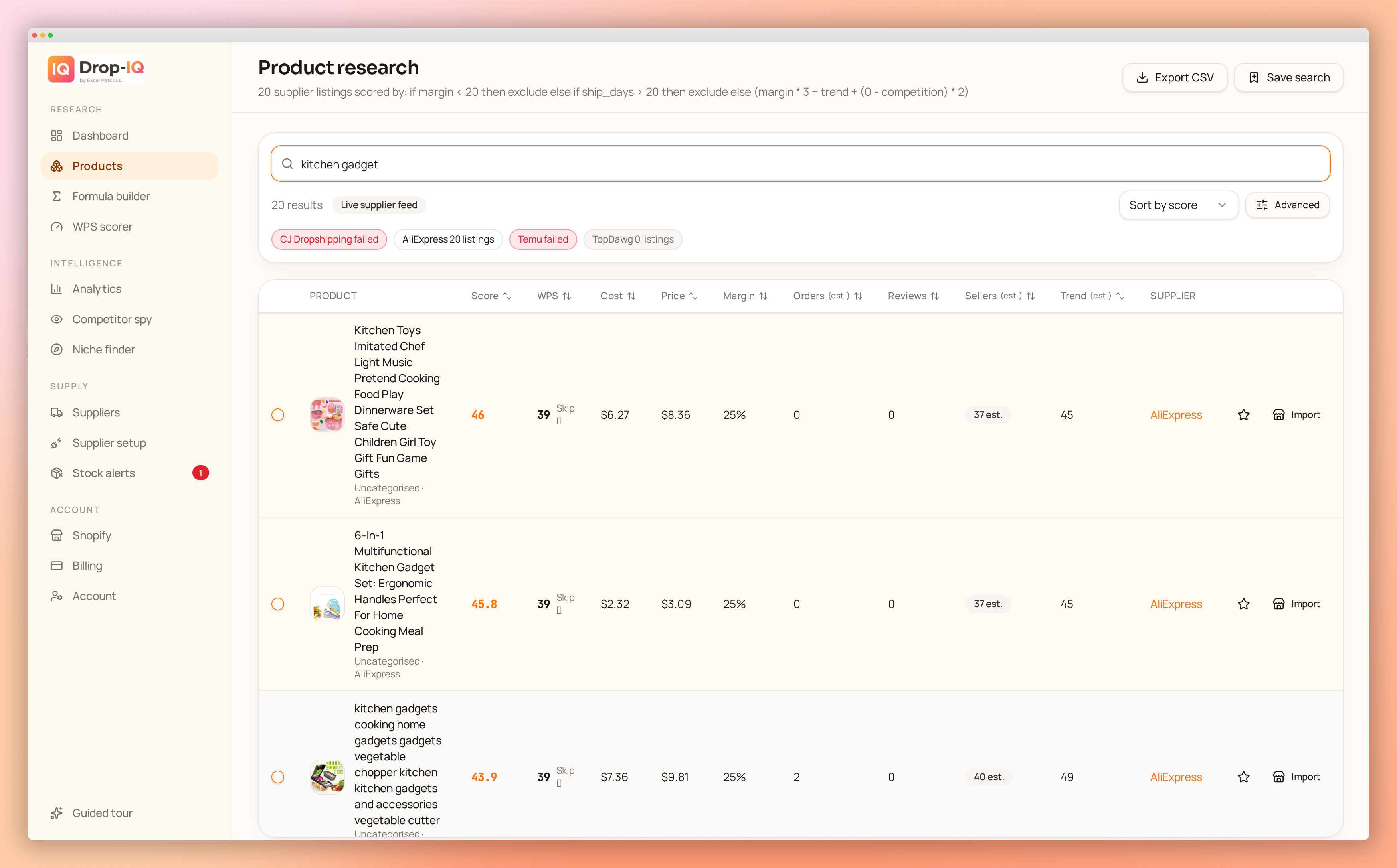 Drop-IQ product research: live supplier listings ranked by the seller's own formula