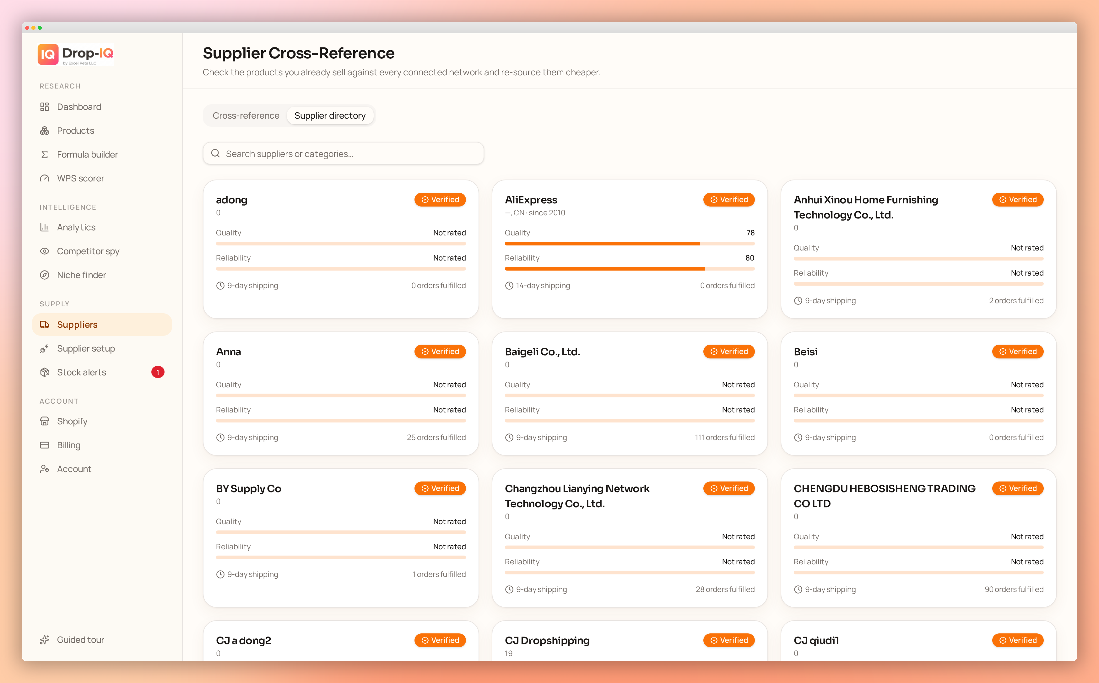 Drop-IQ supplier directory with ratings and shipping detail