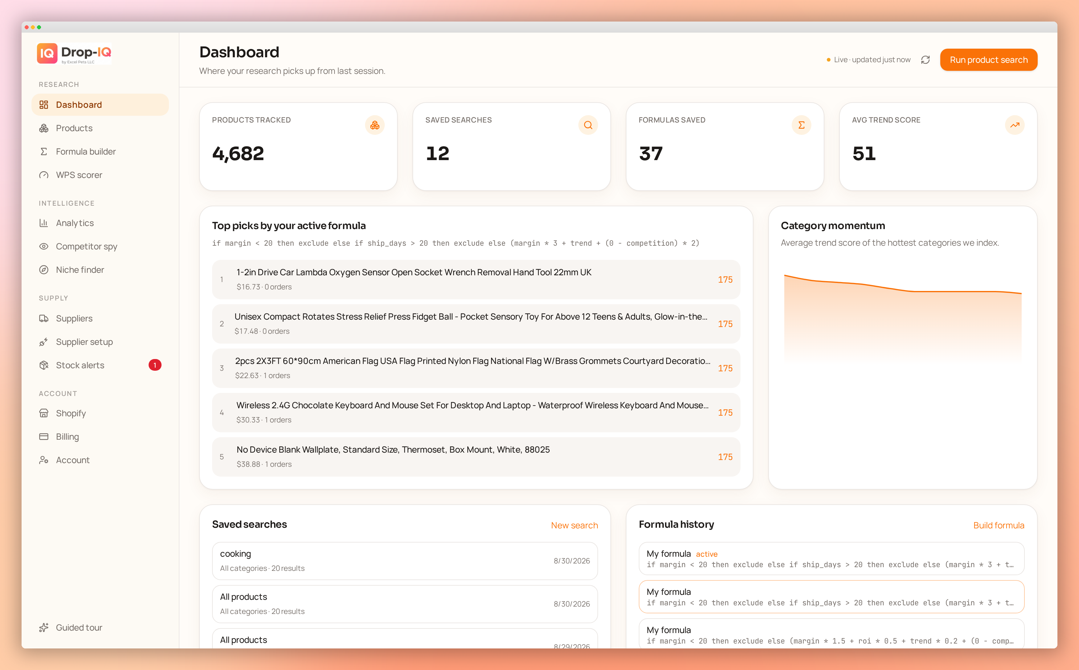 The Drop-IQ dashboard: research, supplier intelligence and stock in one place