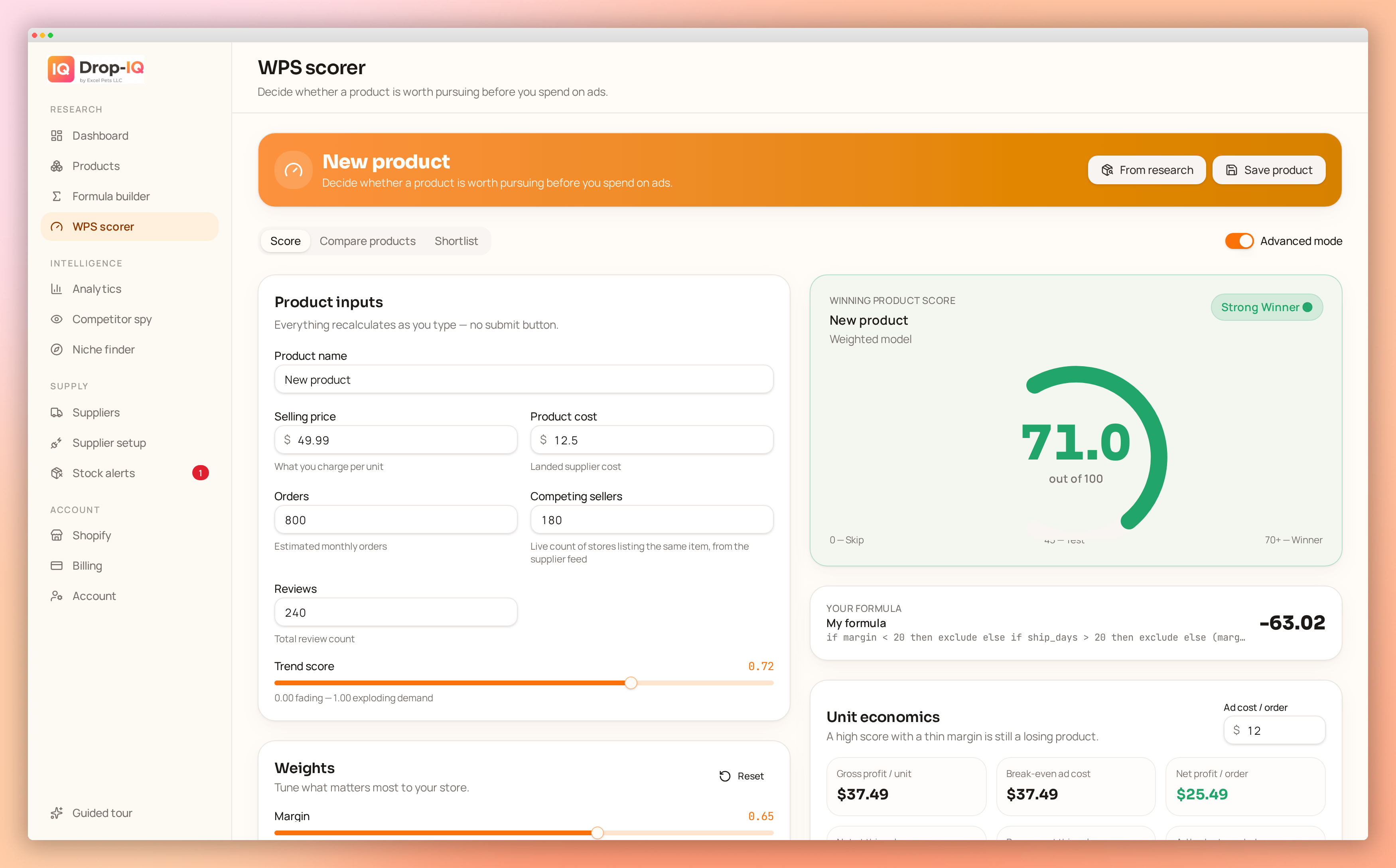 Drop-IQ winning product score with unit economics and weighted formula